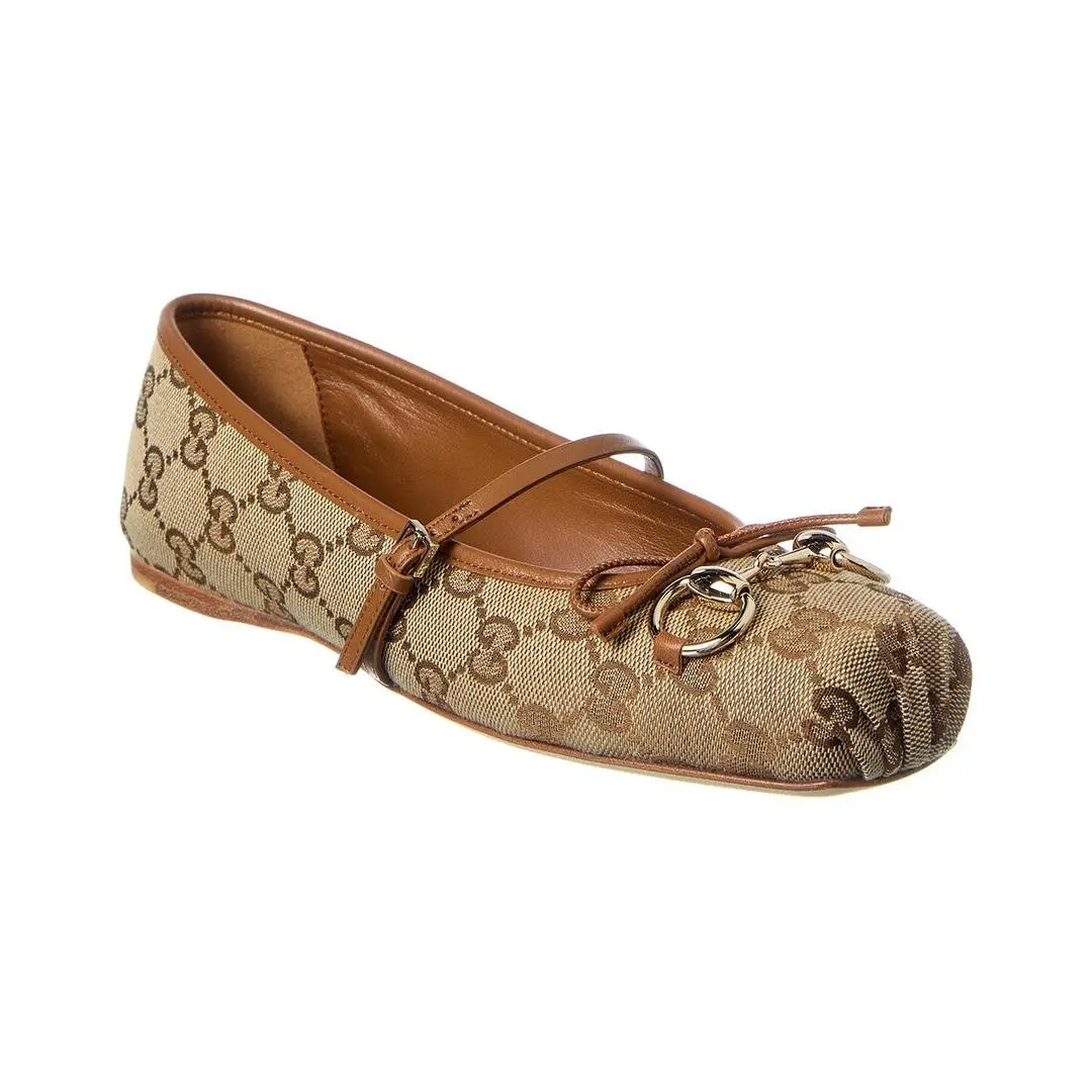 Horsebit Gg Canvas Leather Ballet Flat Women`s Beige 36 by Gucci