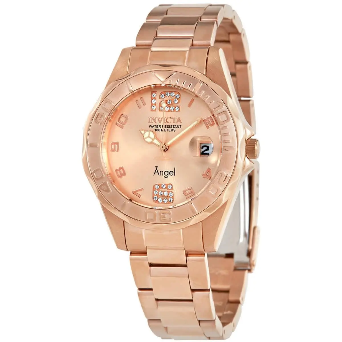 Invicta Angel Quartz Crystal Rose Gold Dial Ladies Watch 28681 - Dial: Rose, Band: Rose Gold-tone, Bezel: Rose Gold-tone