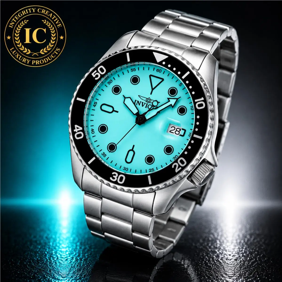 Invicta Men`s 46MM Quartz Watch Turquoise Dial Black Bezel Stainless Steel Wristwatch