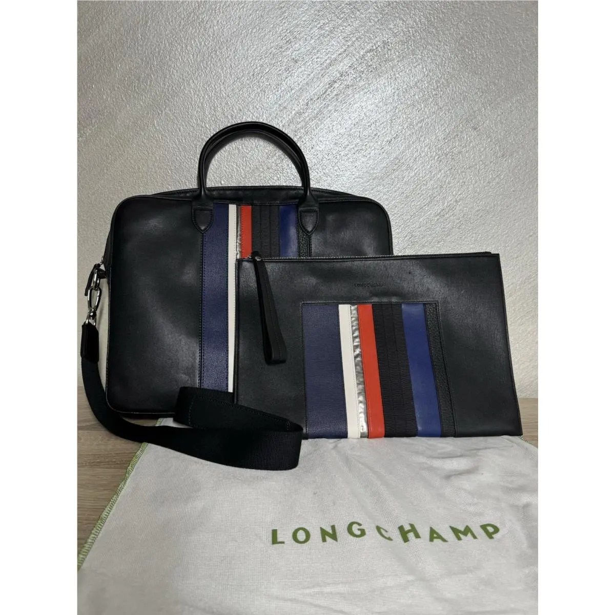 Black Leather with Colorful Stripes Briefcase and Pouch Set Signature by Longchamp