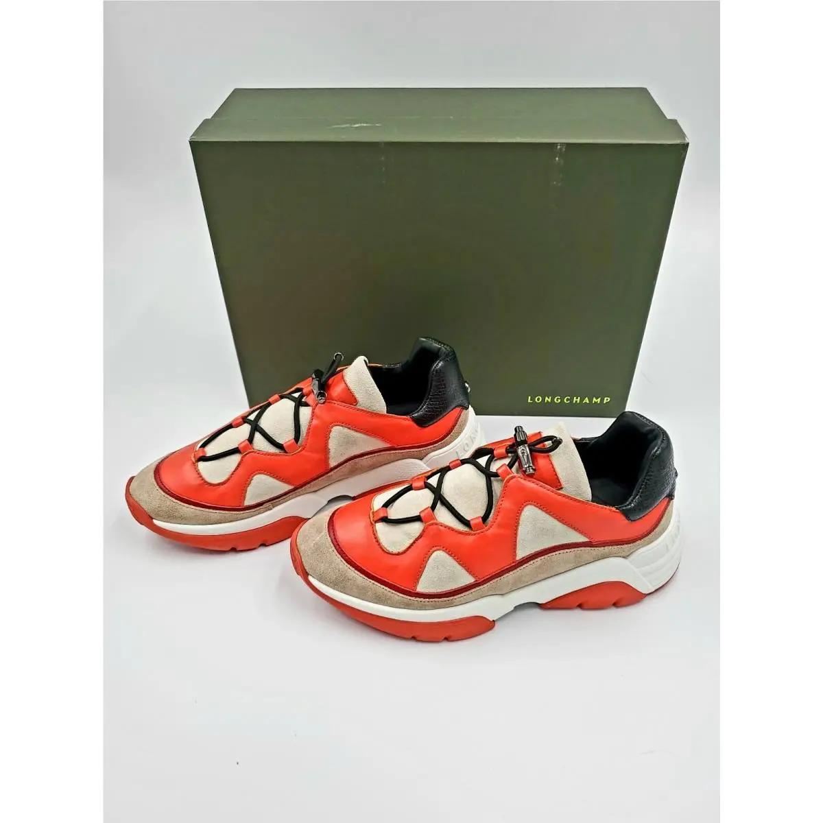 Freeminder Lace Up Chunky Sneakers Orange Leather Suede US 7 EUR37 by Longchamp