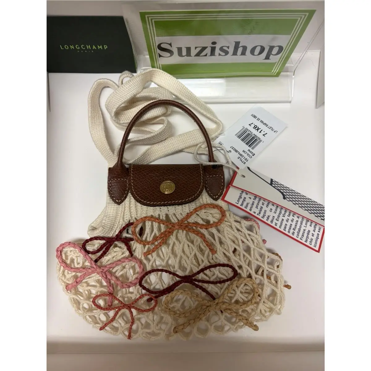 Le Pliage Ecru Filet Raffia Bow Knit Mesh Mini XS Top Handle Bag by Longchamp