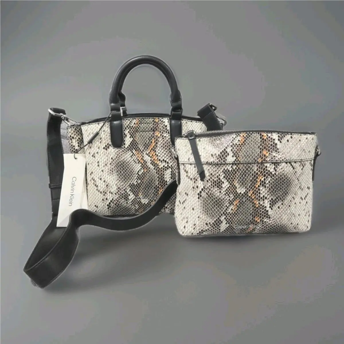 Rita Black Brown Small Satchel Bag Crossbody Snake Pattern by Calvin Klein