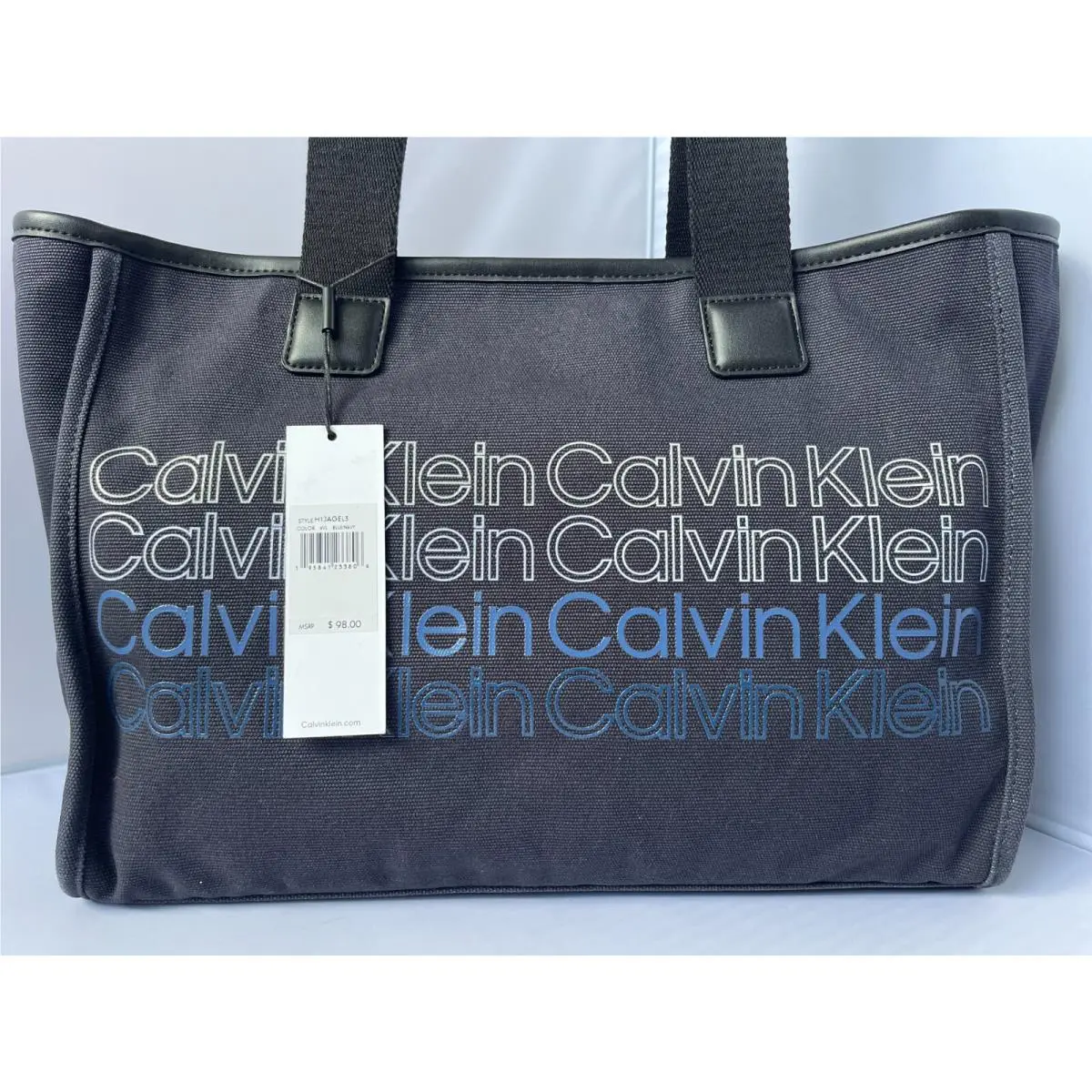 Signature Canvas Black / Navy Large Tote Handbag H1JAGEL3 by Calvin Klein
