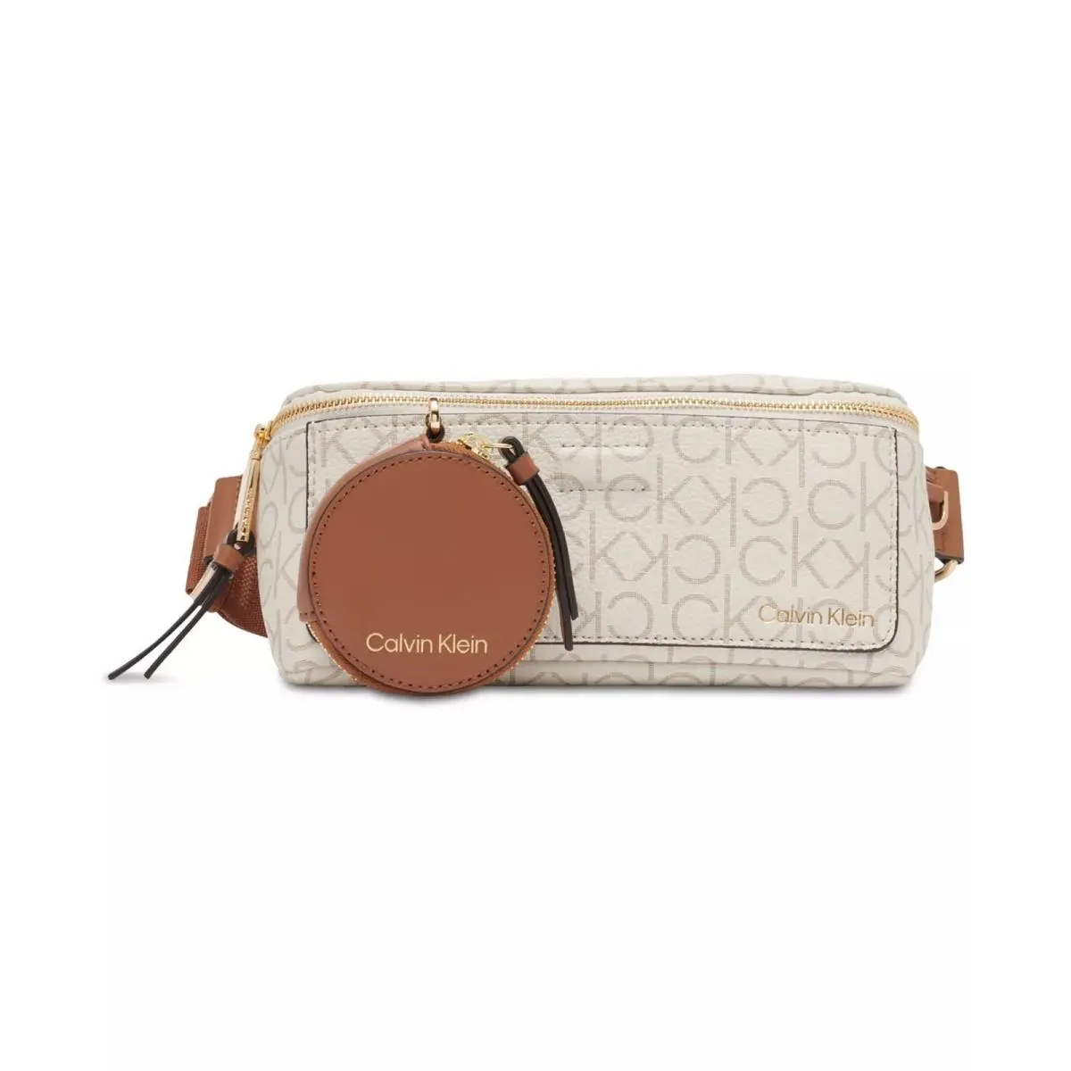 Calvin Klein Millie Signature Convertible Belt Bag with Zippered Coin Pouch - Cream, Exterior: Vanilla/Caramel