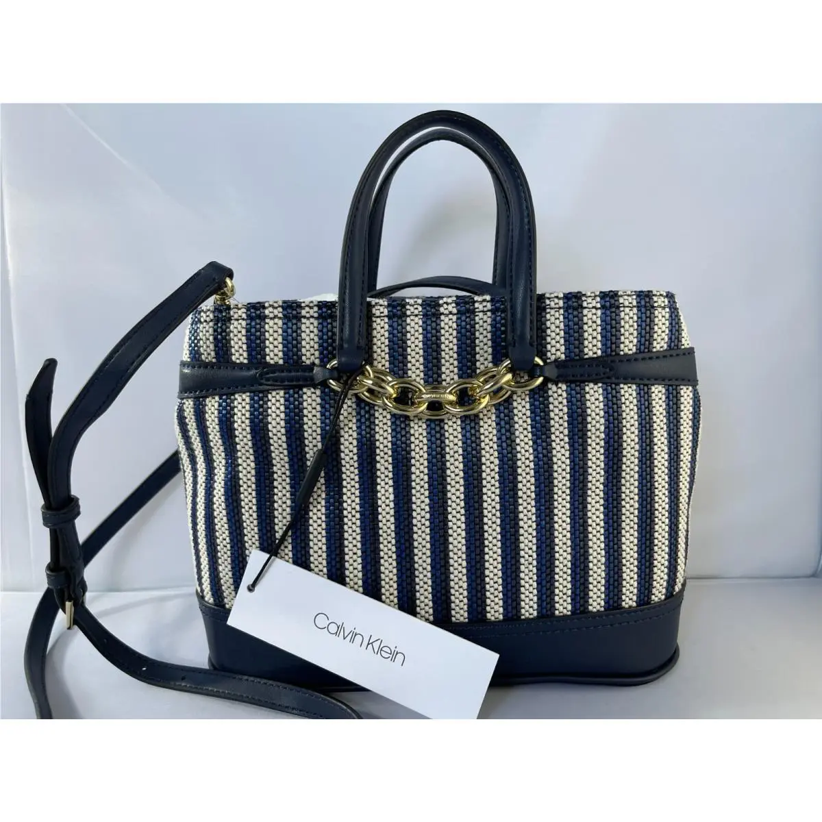 Evelyn Daytona Mini Satchel Tote Bag Navy Blue Canvas Leather Gold by Calvin Klein