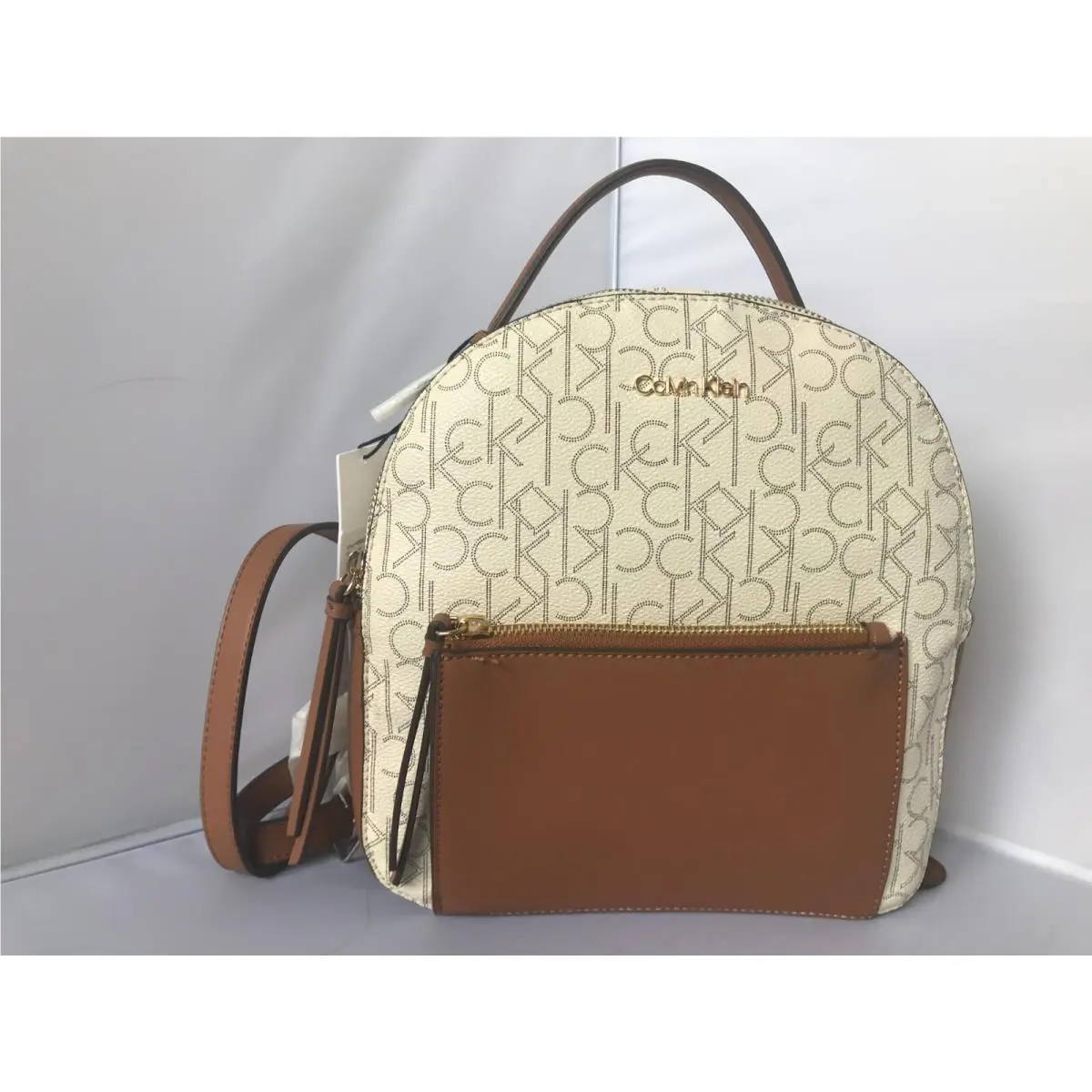 Women Medium Zip Backpack CK Logo Cream /brown Msrp:$ 168.00 by Calvin Klein