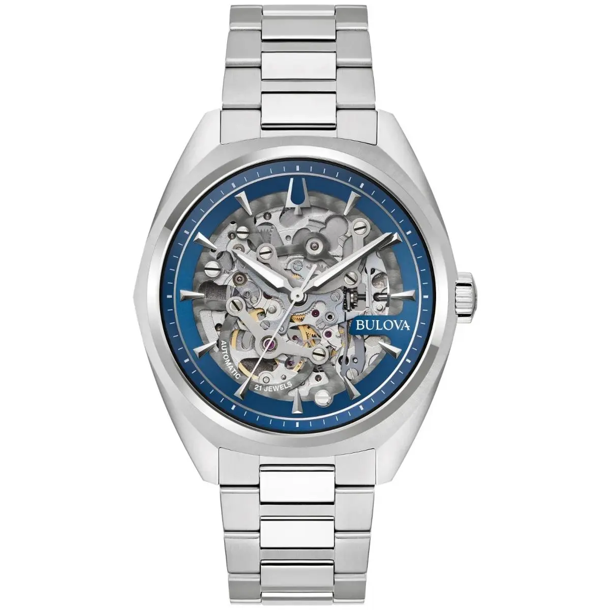 Bulova 96A292 Surveyor Collection Skeletonized Automatic 21-jewel Men`s Watch - Dial: Blue, Silver Accents, Band: Silver, Bezel: Silver