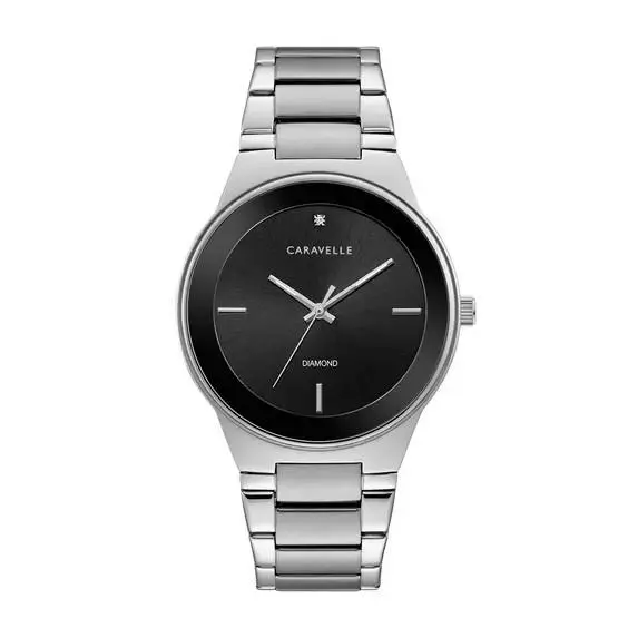 Caravelle by Bulova Men`s Stainless Steel Black Dial Quartz Watch 43D106 - Dial: Black, Band: Silver, Bezel: Silver