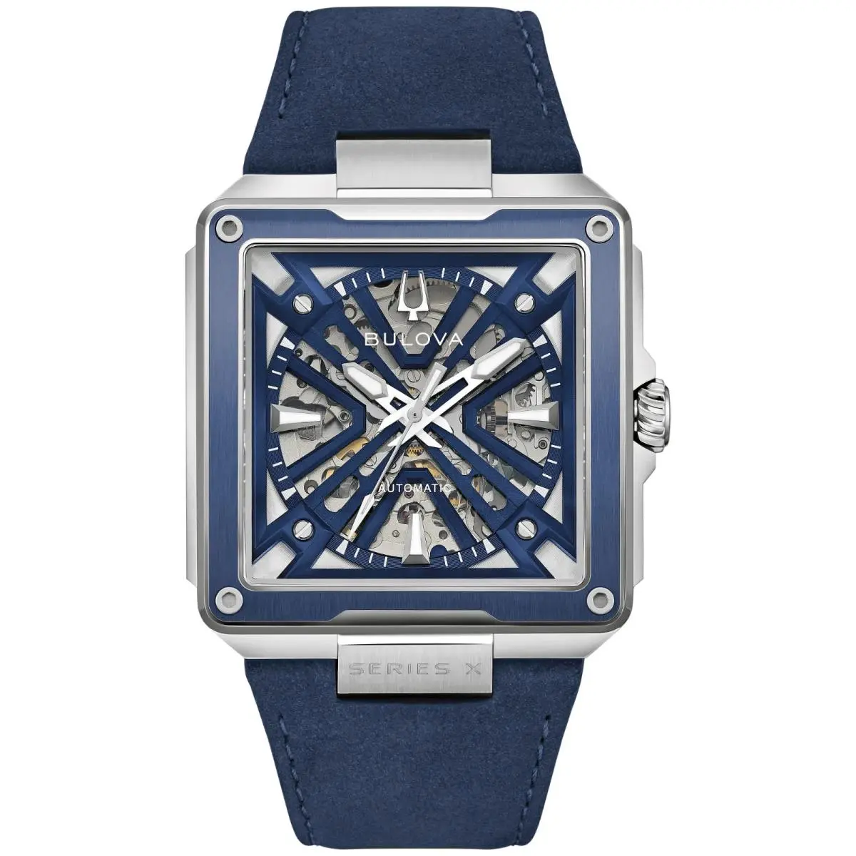 Series X Auto Blue Dial Blue Leather Band Men`s Watch 98A342 by Bulova