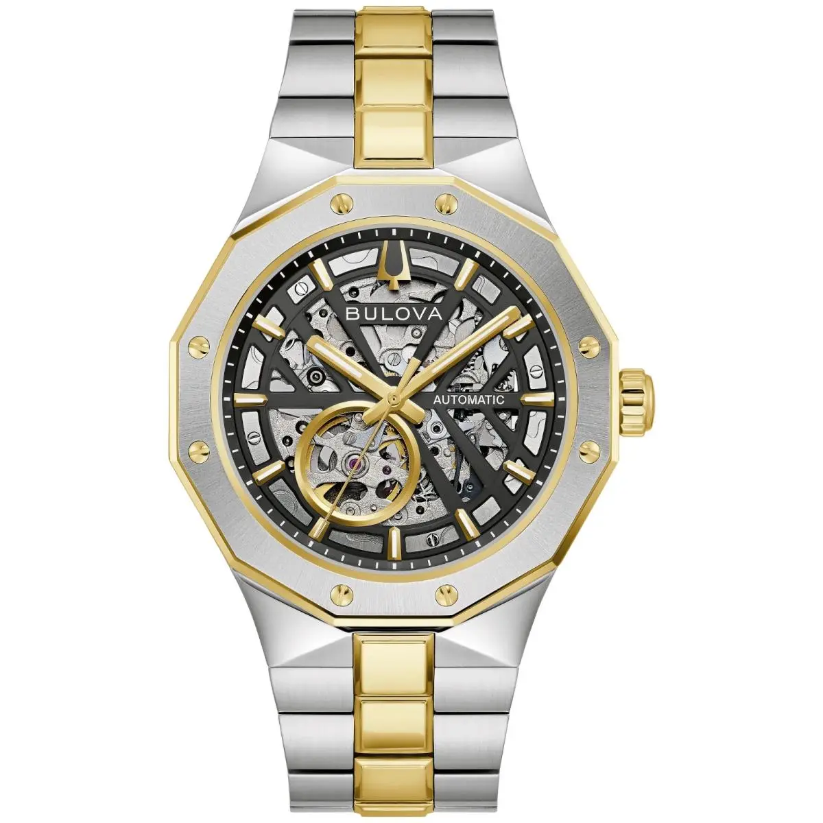 Bulova Prestige Auto Black Skeleton Dial Two-tone Men`s Watch 98A339 - Dial: Blue, Band: Two-tone