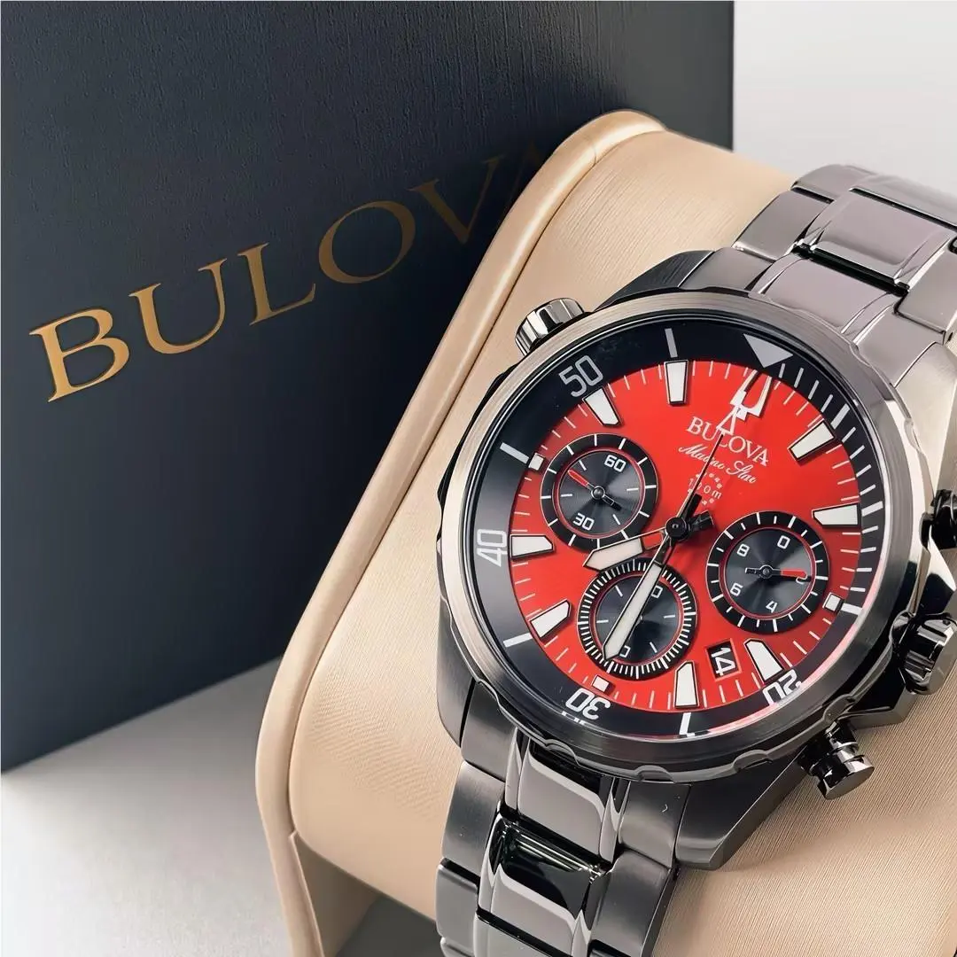 98B350 Marine Star Men`s Chronograph Quartz Watch Red Dial Stainless 43mm by Bulova