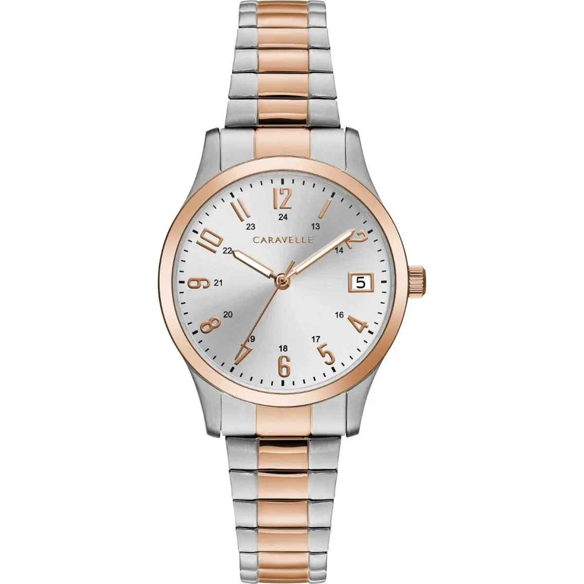 Caravelle by Bulova 45L183 Date Two-tone Expansion Band Ladies Watch - Dial: Silver, Band: Rose Gold & Silver Tone, Bezel: Rose Gold