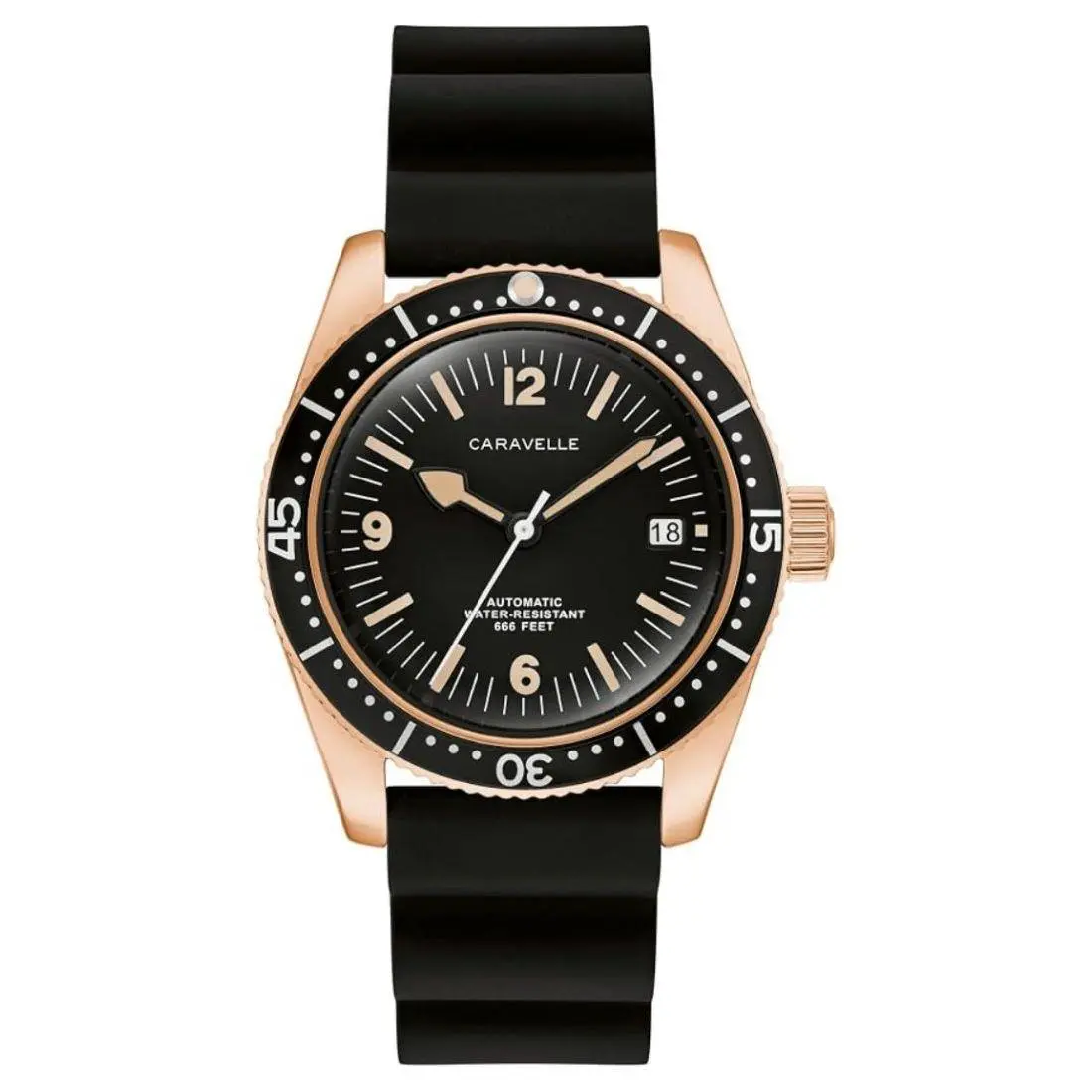 Caravelle by Bulova Vintage Sea Hunter Men`s Black Dial Automatic Watch 44B130 - Face: Black, Dial: Black, Band: Black
