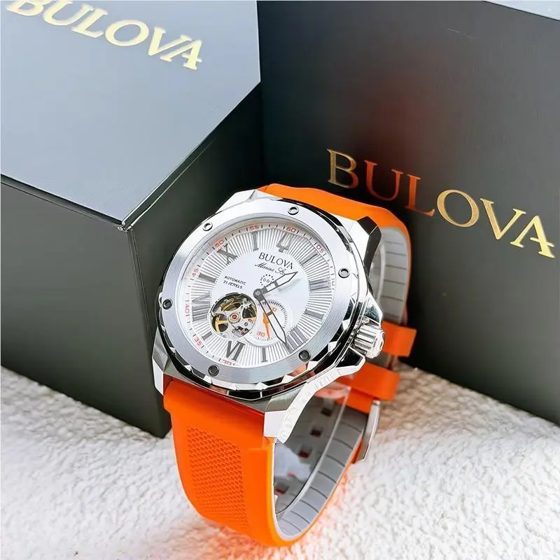 Marine Star 98A226 Automatic Men`s Watch Silver Dial Orange Rubber Strap by Bulova