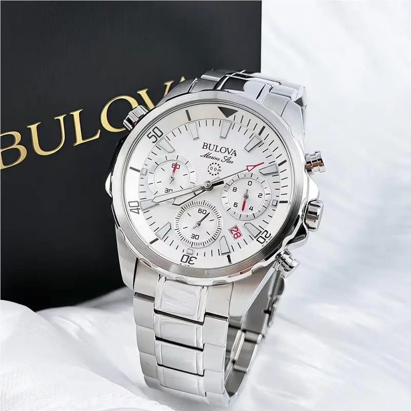 Marine Star 96B255 Men`s Quartz Watch Stainless Steel White Dial 43MM by Bulova