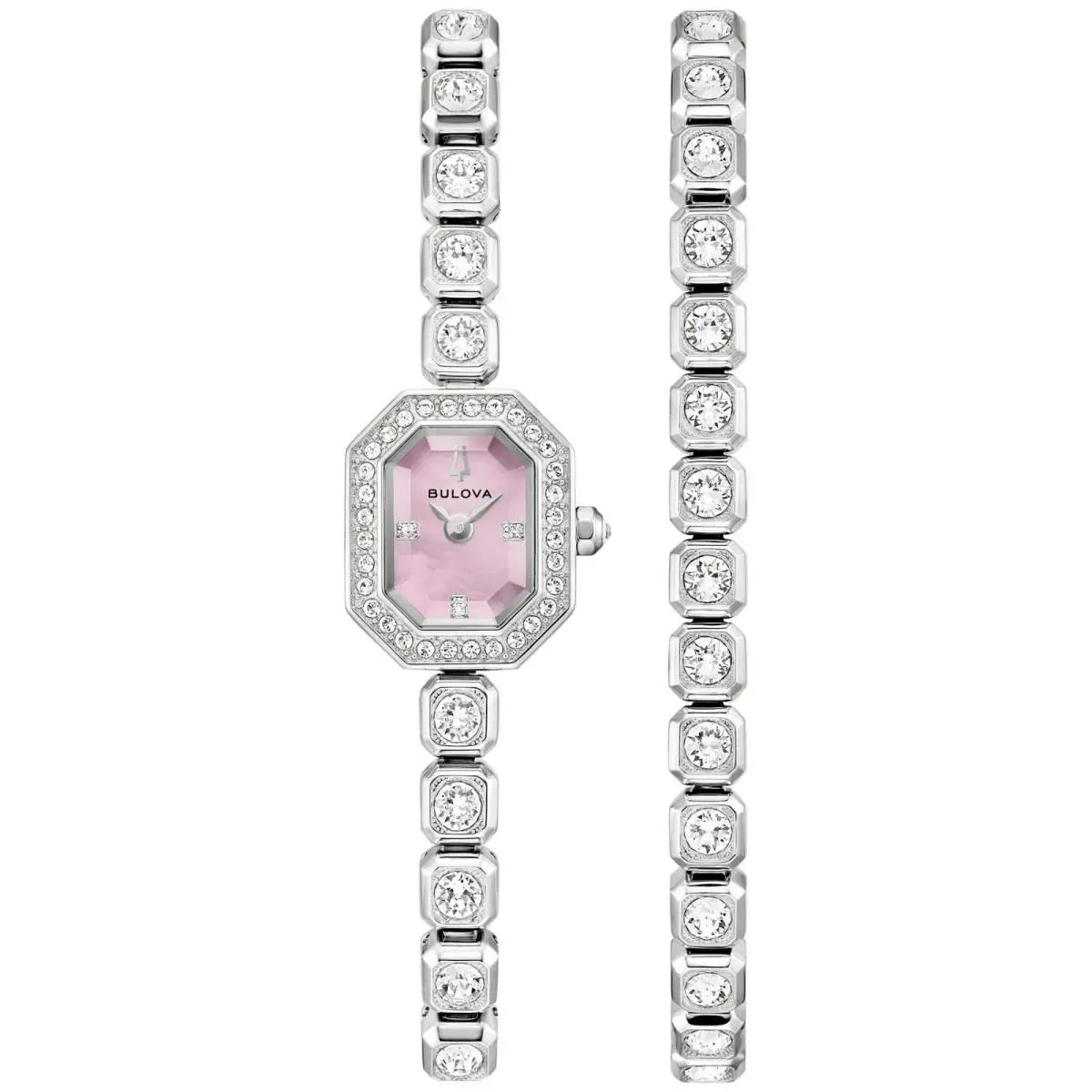 Bulova Crystal Set Quartz Pink Dial Silver-tone Women`s Watch 96X168 - Dial: Pink, Band: Silver