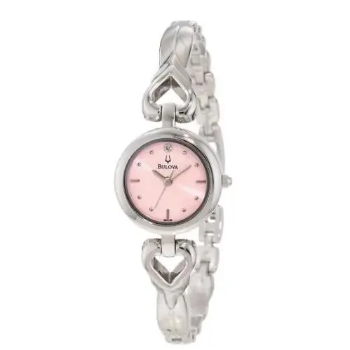 Women Watch Stainless Steel Pink Dial Heart Motif Half Bangle 96P136 by Bulova
