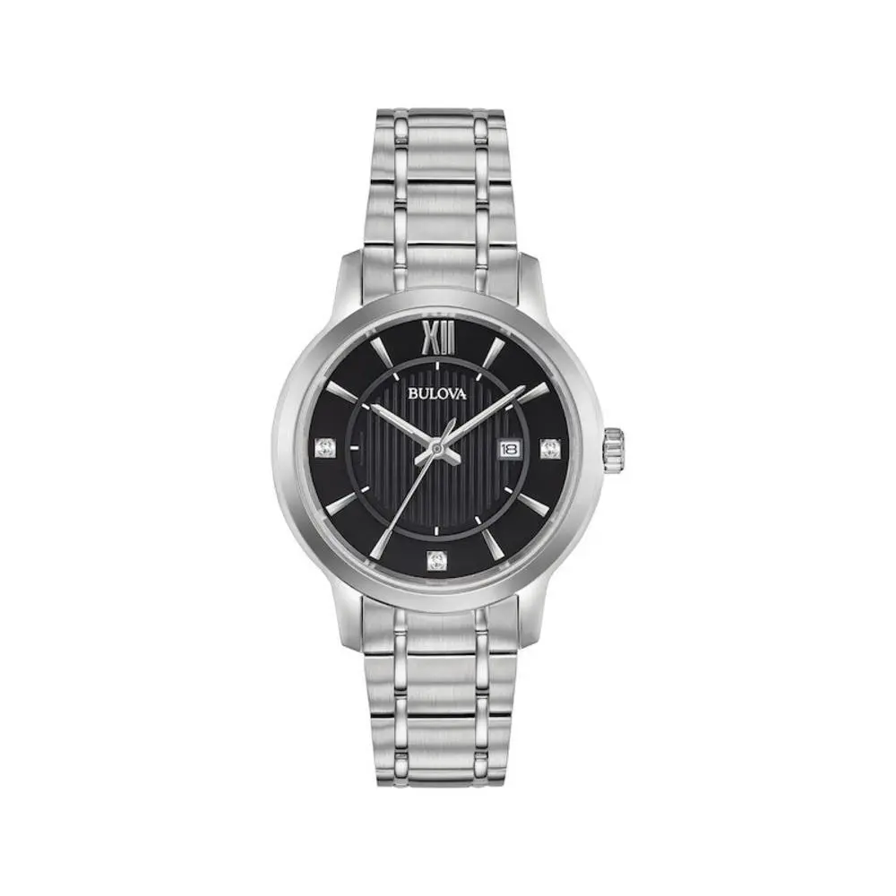 Women`s Classic Stainless Steel Black Diamond Accent Women`s Watch by Bulova
