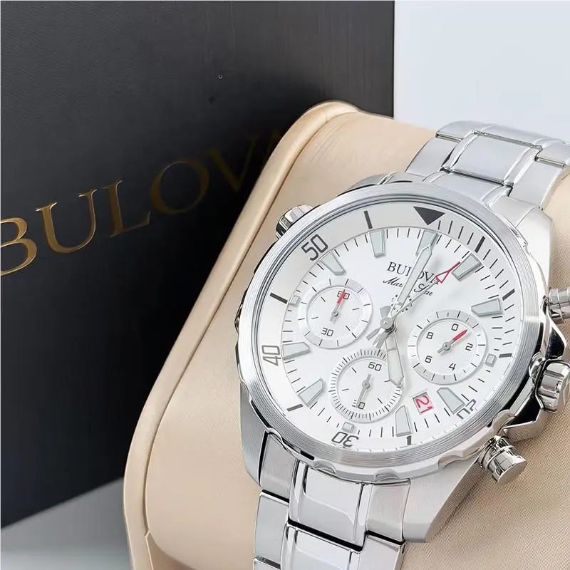 Marine Star 96B255 White Dial Stainless Steel Quartz Men`s Watch 43mm by Bulova