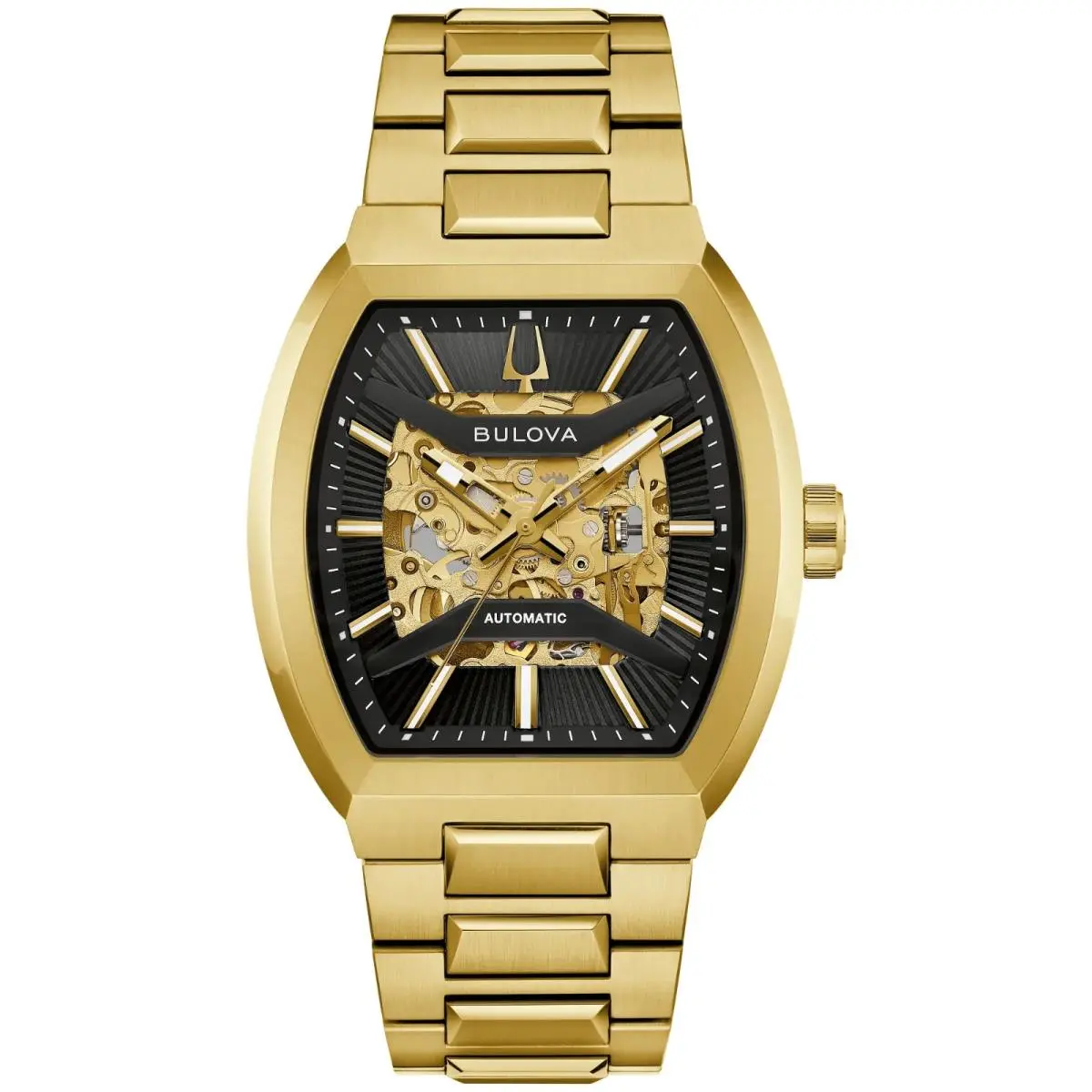Bulova Maquina Black Dial Gold-tone Stainless Men`s Watch 97A207 - Dial: Black, Band: Gold