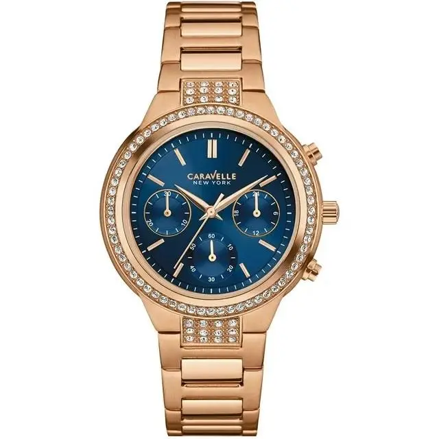 Caravelle by Bulova 44L181 Chronograph Blue Dial Rose Gold Tone Women`s Watch - Dial: Blue, Band: Rose Gold, Gold, Bezel: Gold