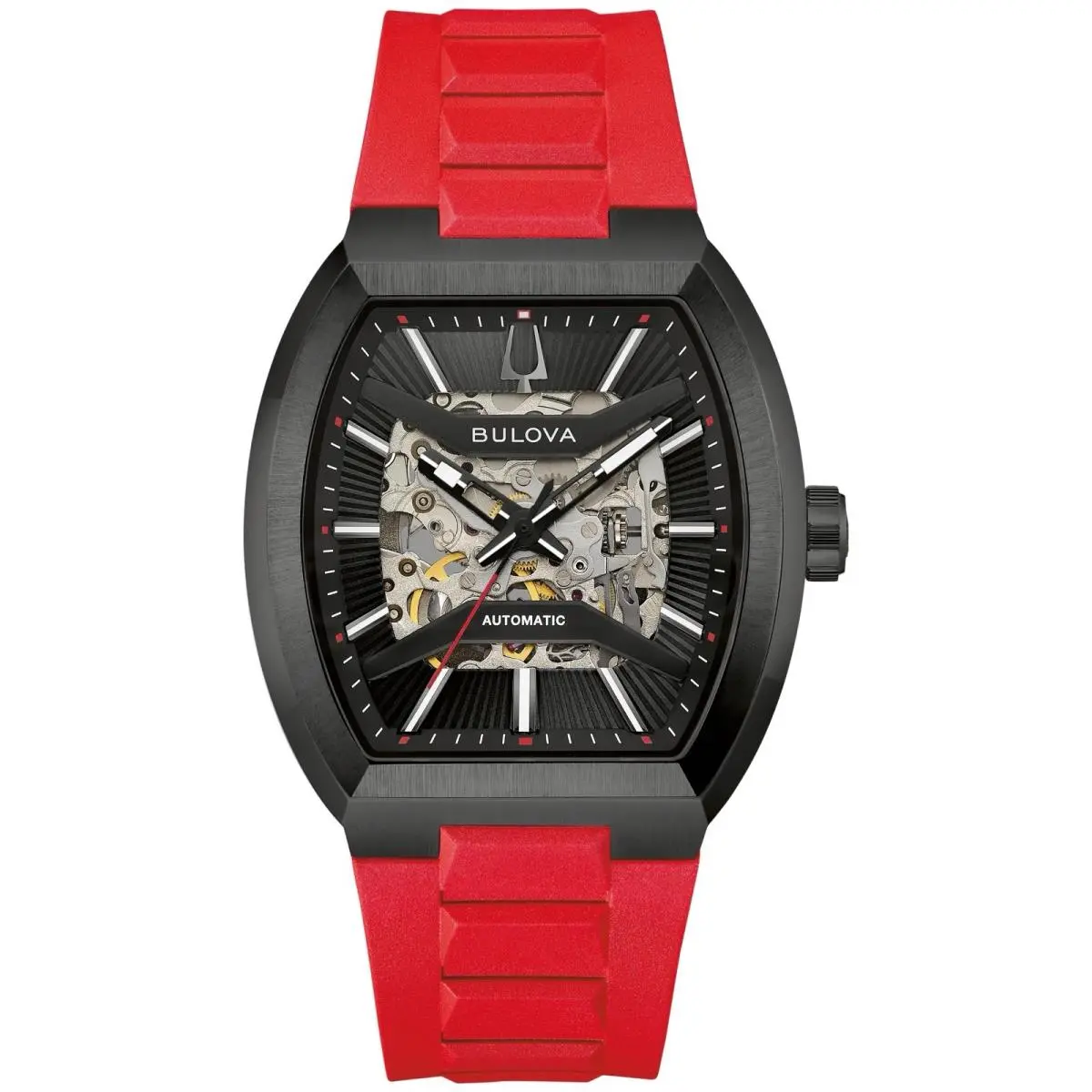 Bulova Maquina Automatic Black Dial Red Strap Mens Watch - Dial: Black, Band: Red, Bezel: Black