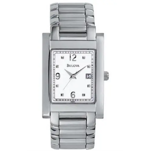 Bulova Men`s Stainless Steel Watch Rectangular Analog White Dial 96B53