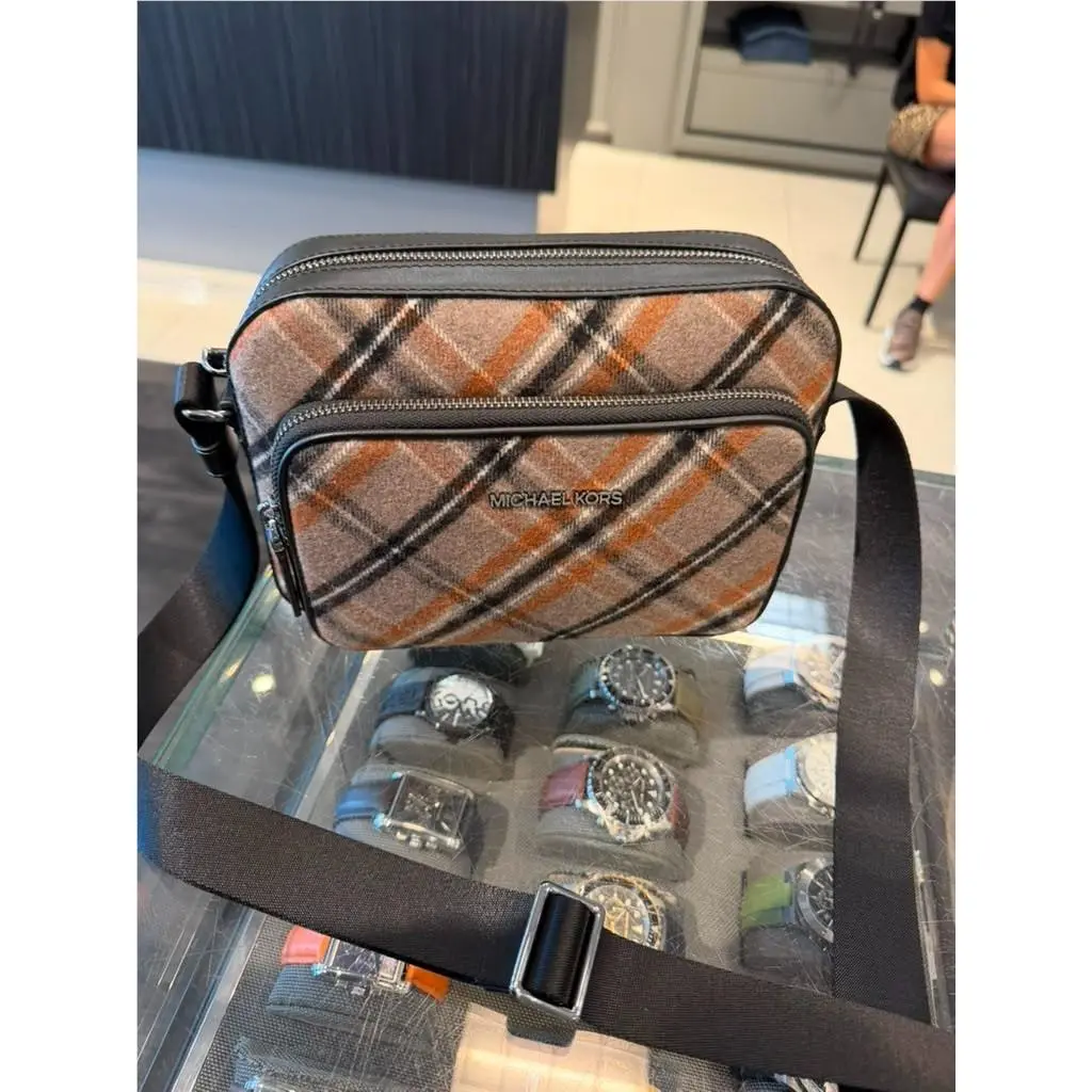 Cooper Mens Plaid Wool Blend Gunmetal Crossbody Flight Bag Mushroom by Michael Kors