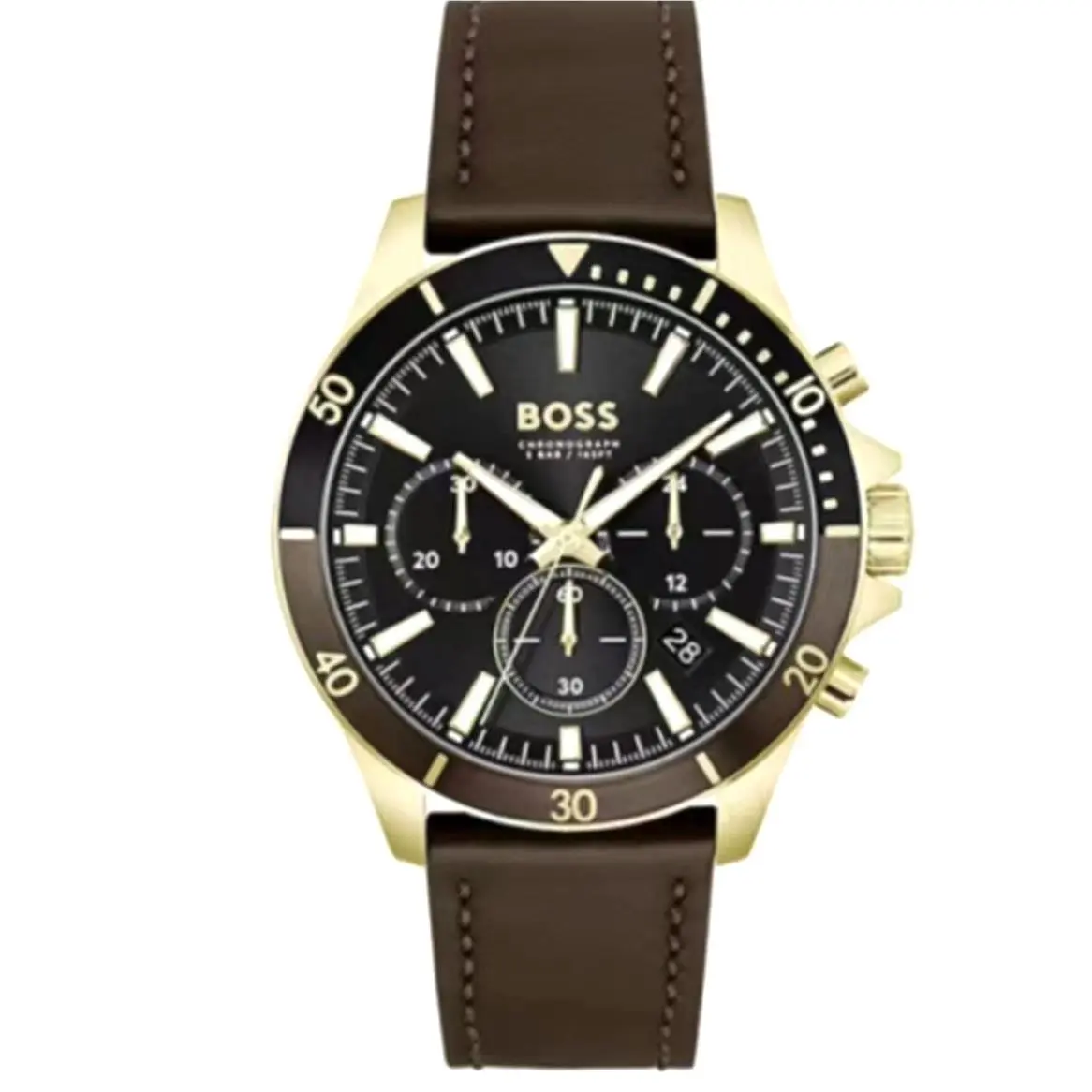1514100 Mens Chronograph Troper Watch Brown Leather Box Tags Papers by Hugo Boss