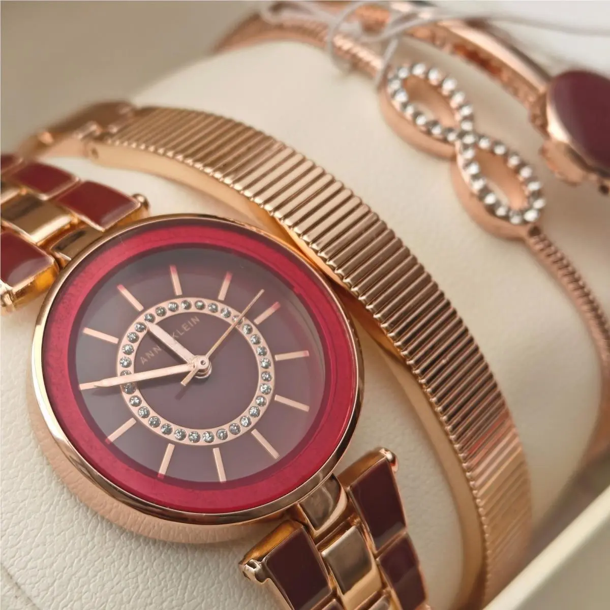 Women Rose Gold Red Burgundy Watch Bracelet Set Infinity Enamel by Anne Klein
