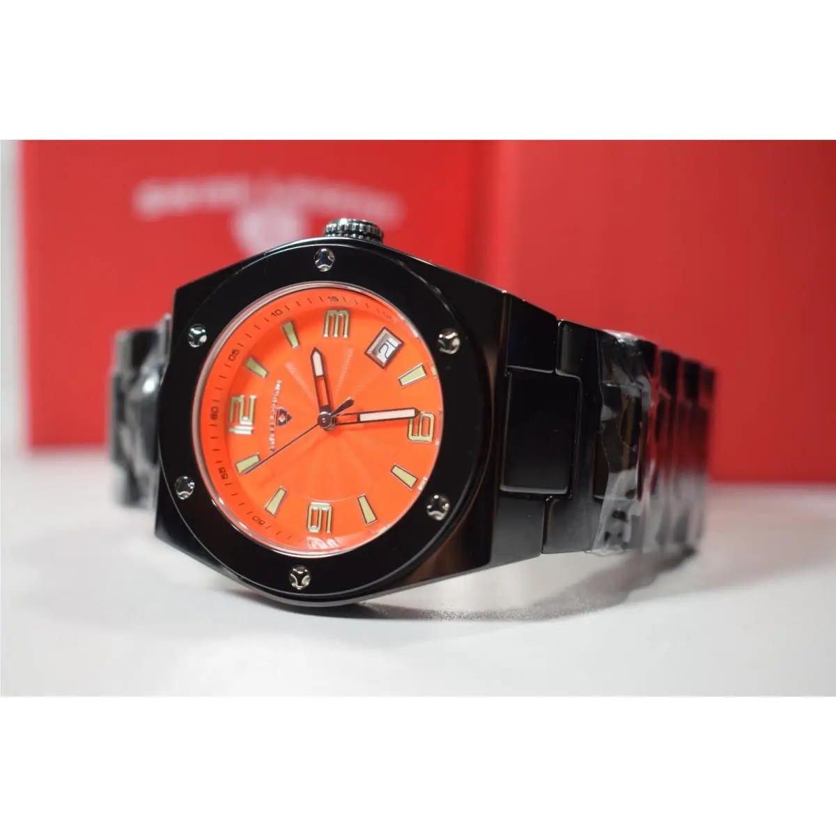 Women`s Ceramic Throttle Orange Textured Dial Watch SL-10054-BKOTSA by Swiss Legend