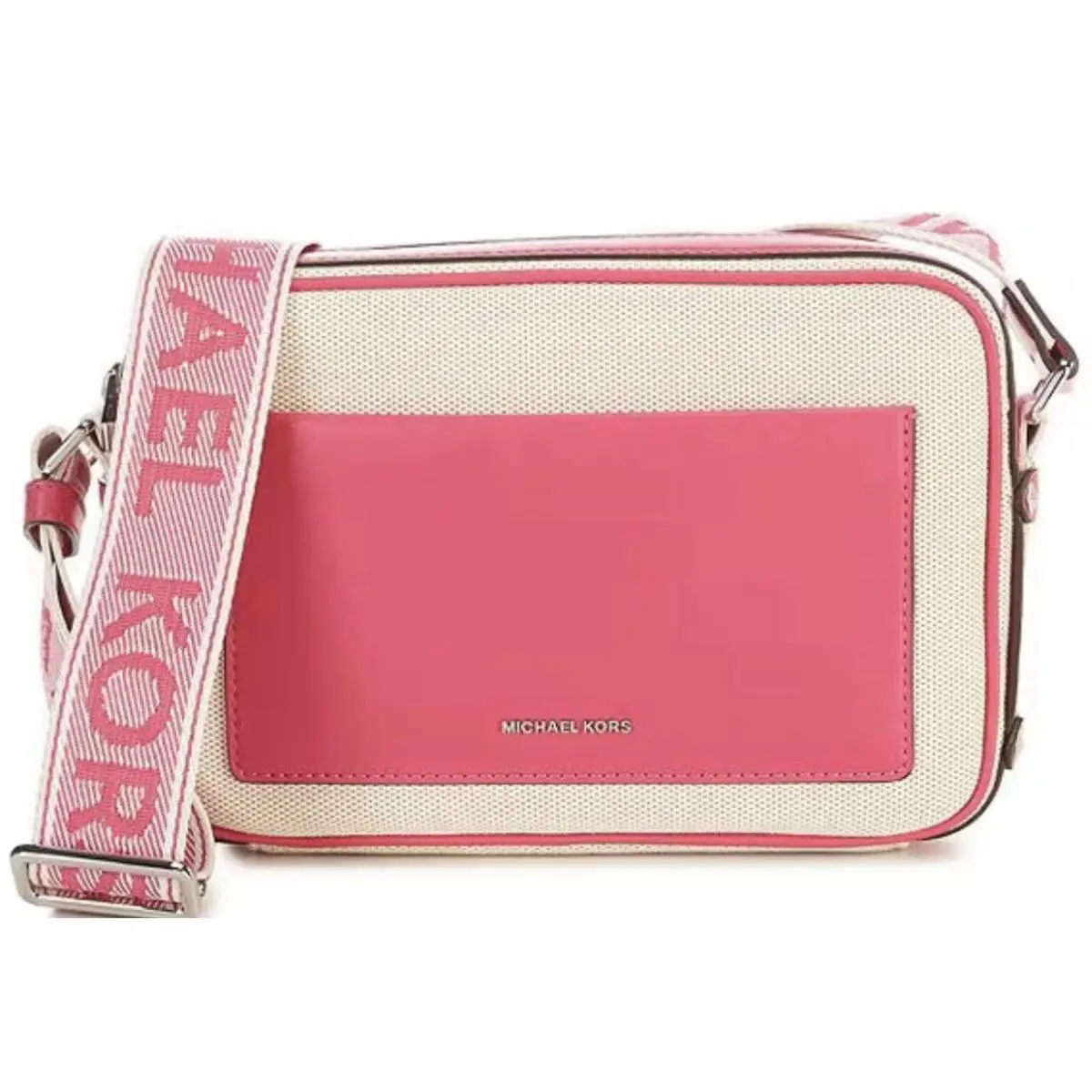 Michael Kors Maeve Medium Camera Pink Canvas Large Crossbody Bag - Handle/Strap: Pink, Hardware: Gold, Exterior: Pink