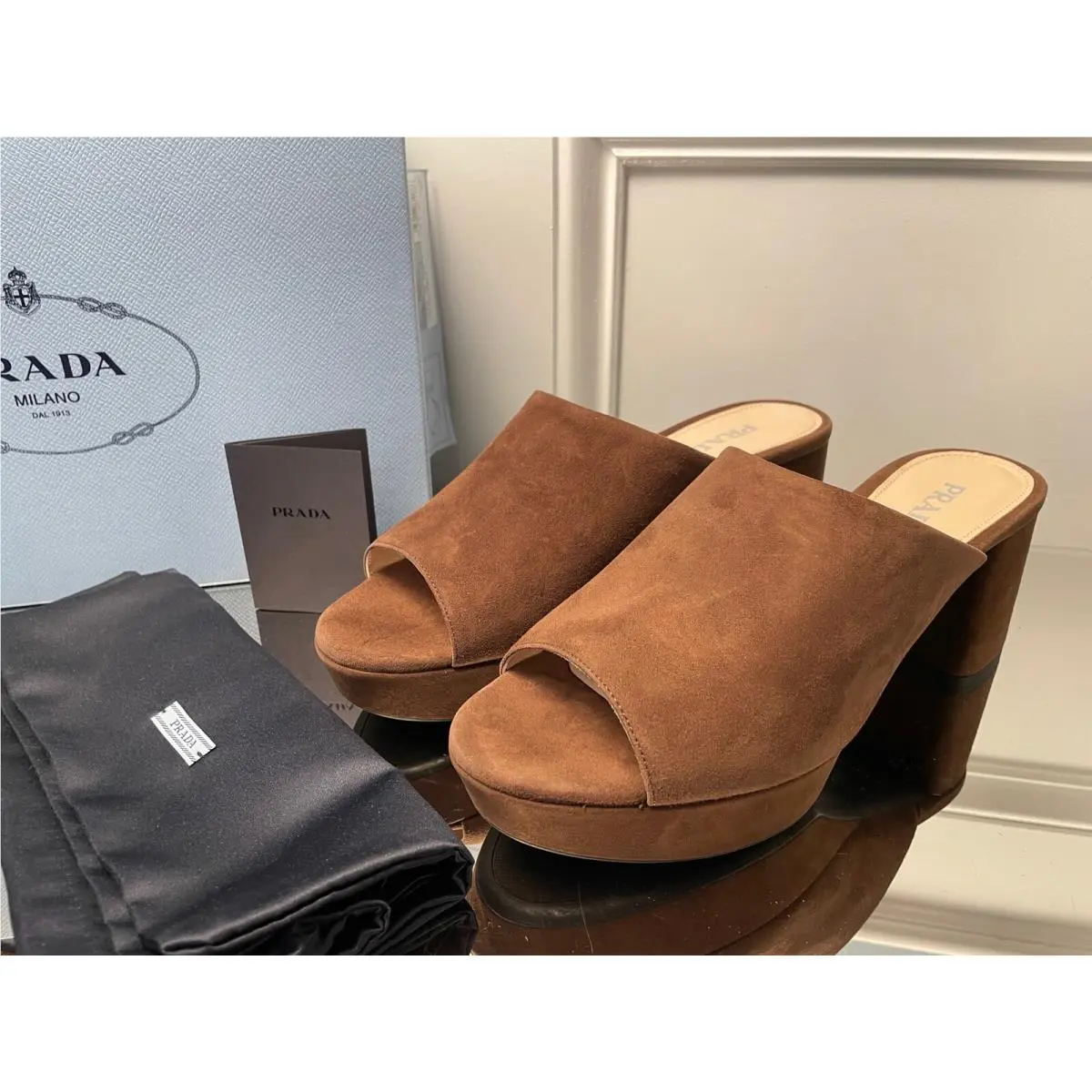 1XP32A Women`s Block Heel Platform Mule Slide Sandal Brown Suede Shoes 8.5 by Prada