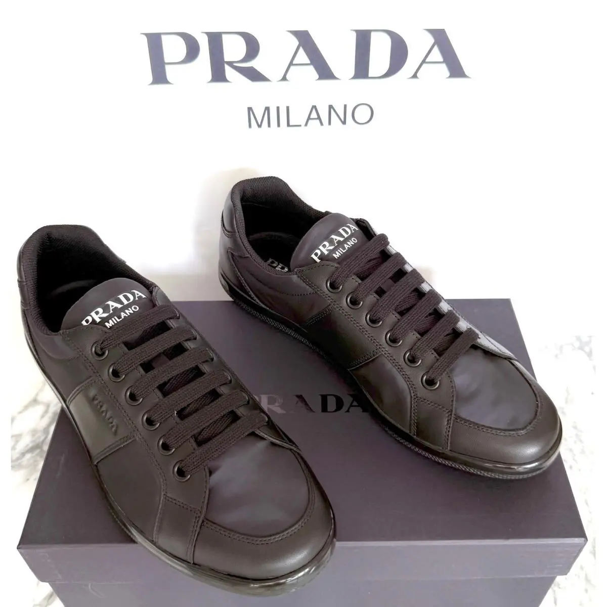 2EG355 Blue Black Leather Re-nylon Sneakers Shoes - - US 10.5 UK 9.5 by Prada
