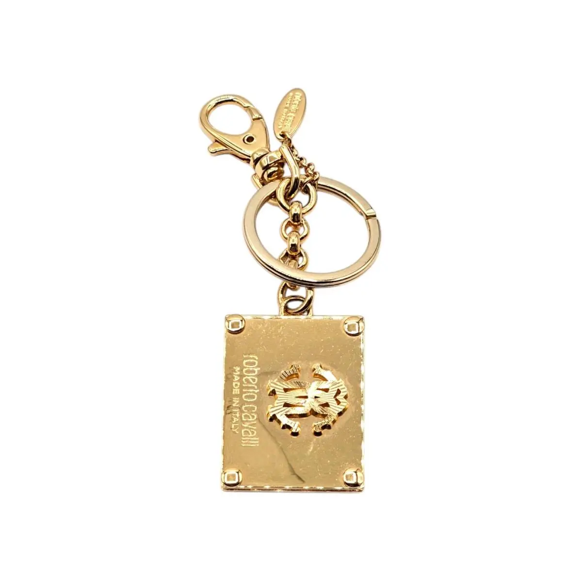 Gold Tone Logo Plaque Keychain Bag Charm by Roberto Cavalli