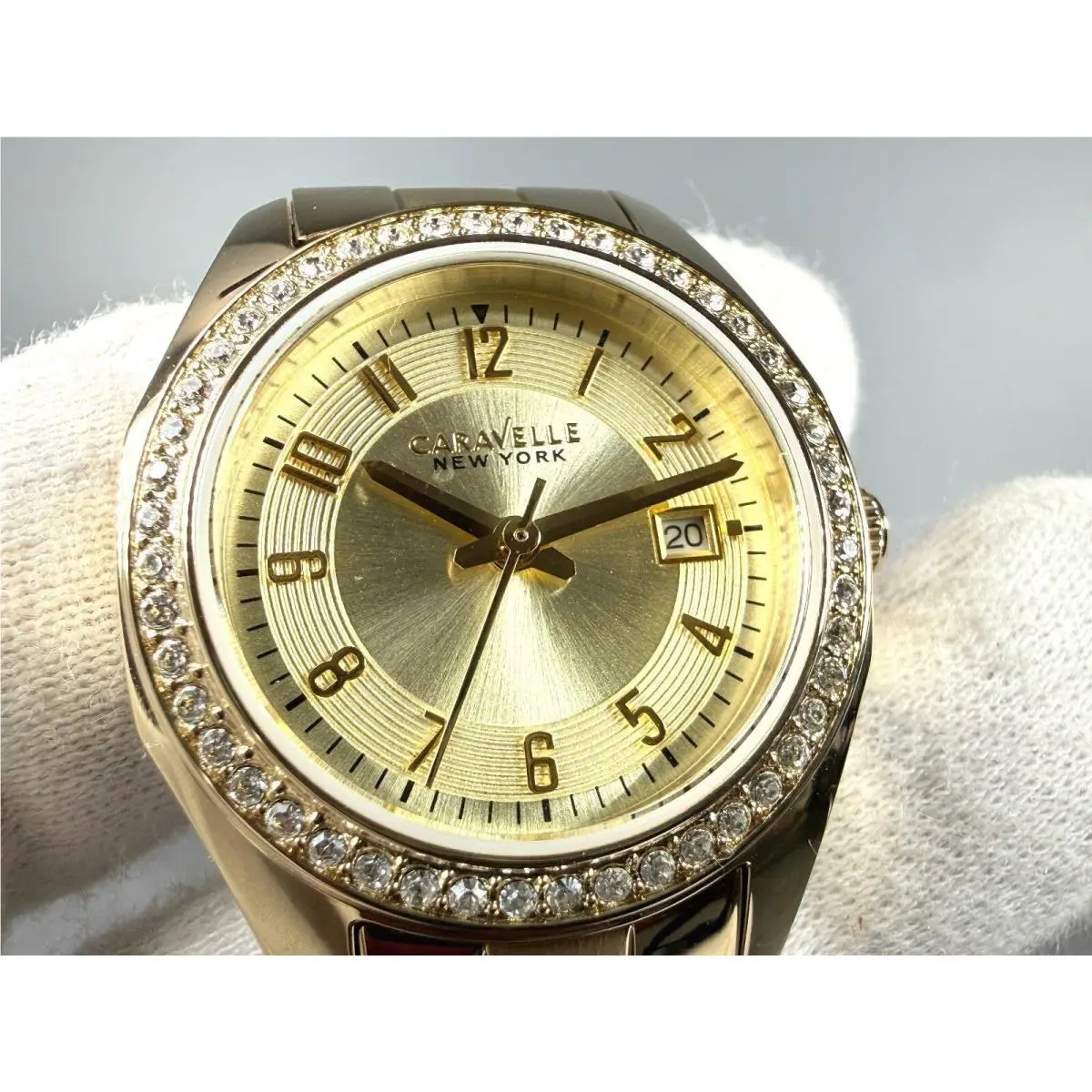 York 44M108 Gold Tone Crystal Bezel Quartz Watch Full Kit by Caravelle