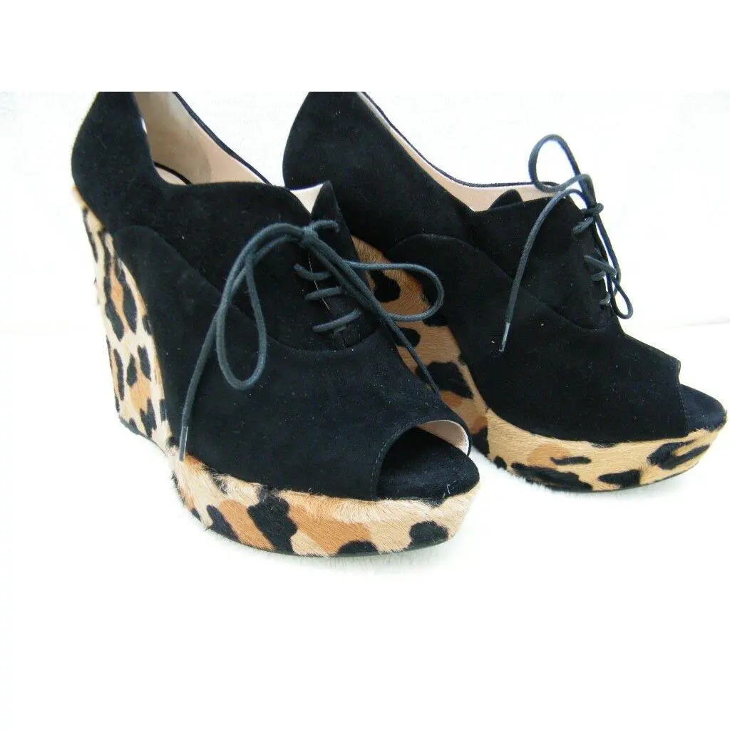 Shoes Sandals Heels Platform Peep Toe Boots Black Leapord Print 37.5 7.5 by Prada