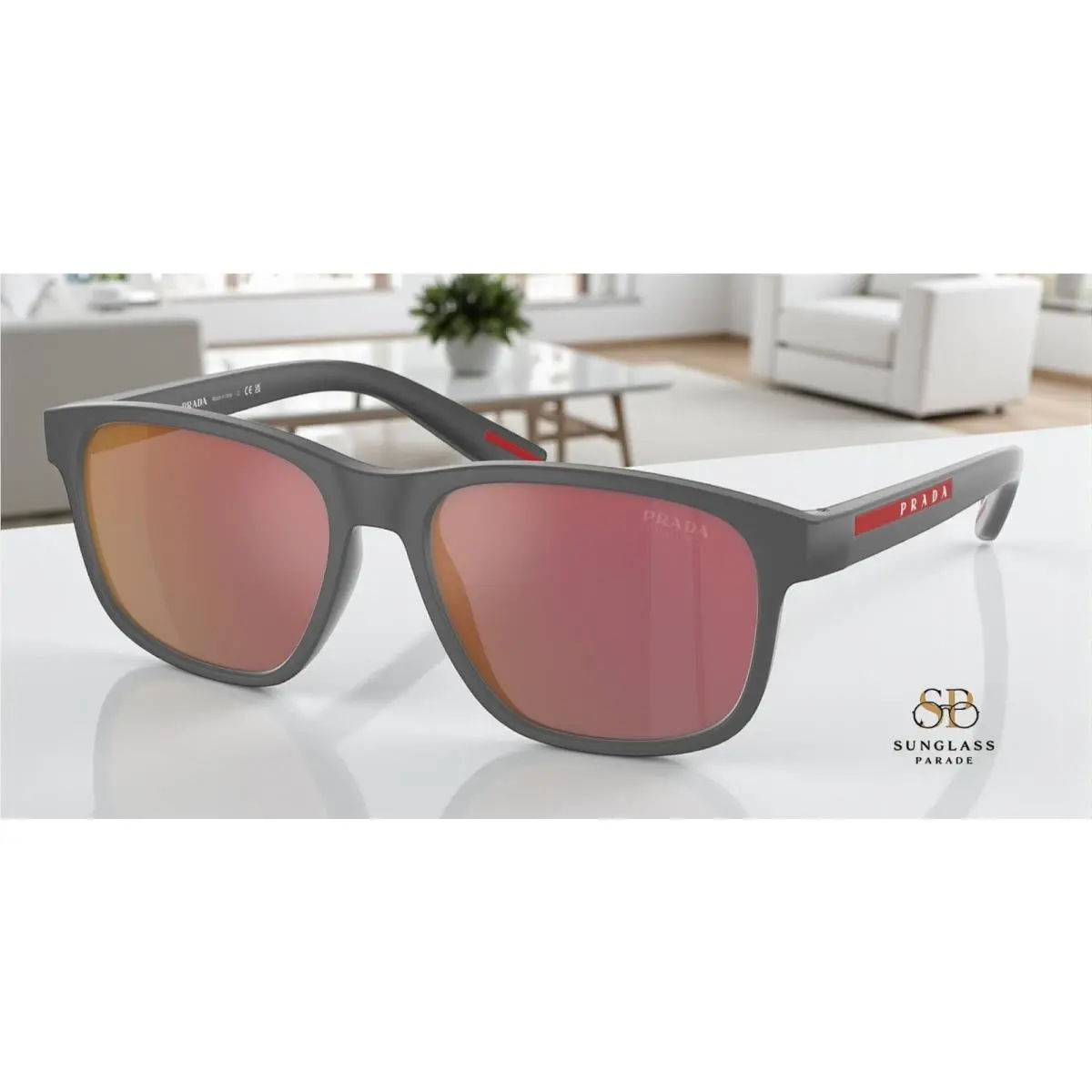 Prada Linea PS 06YS UFK10A Grey Rubber Grey Mirror Red 56 mm Men`s Sunglasses