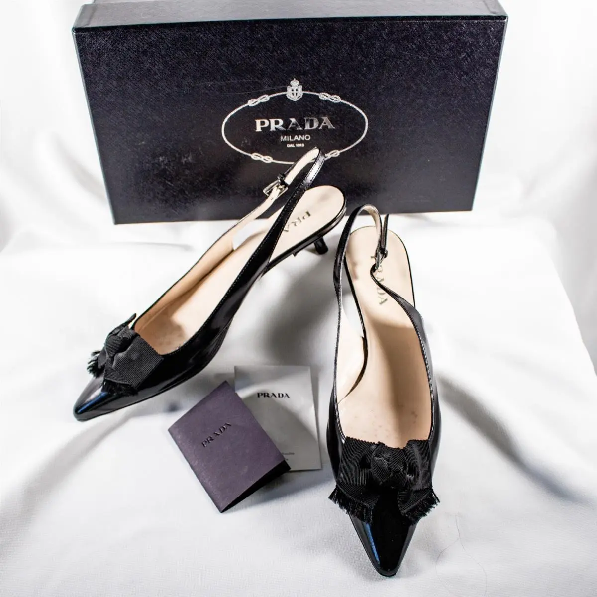 Spazzolato Clas Coa Black Solid Women Slingback Bow Shoes Size 6.5 M by Prada