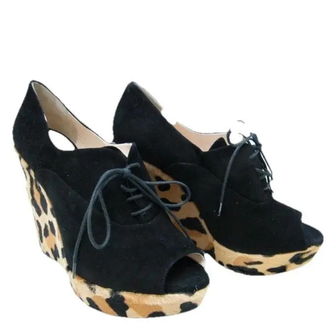 Prada Shoes Platform Peep Toe Boots Leopard Print 37.5 7.5
