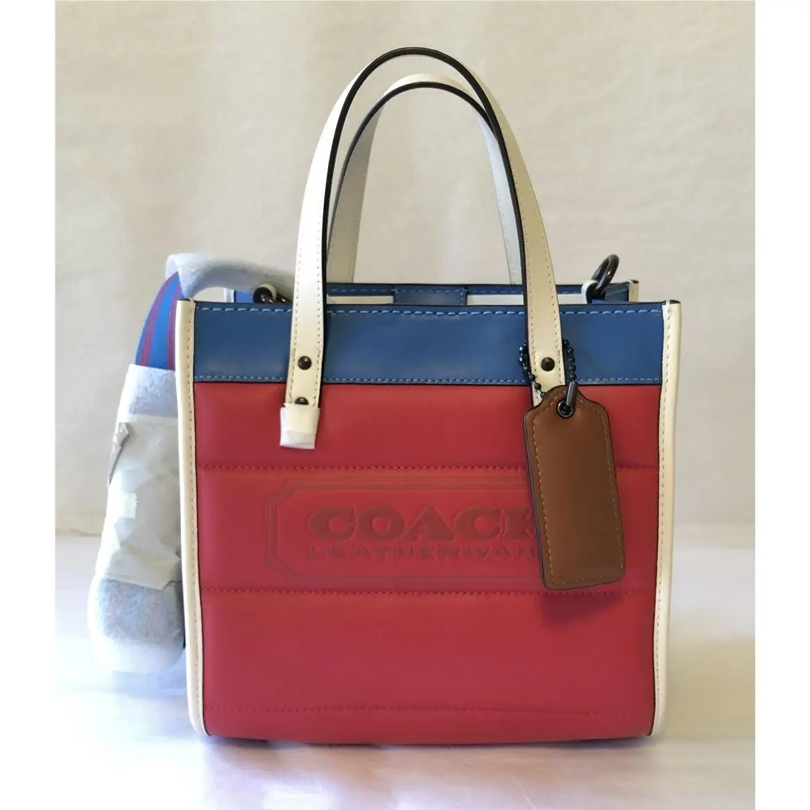 Quilted Leather Colorblock Logo Field 22 Tote Candy Apple Multi/pewter by Coach