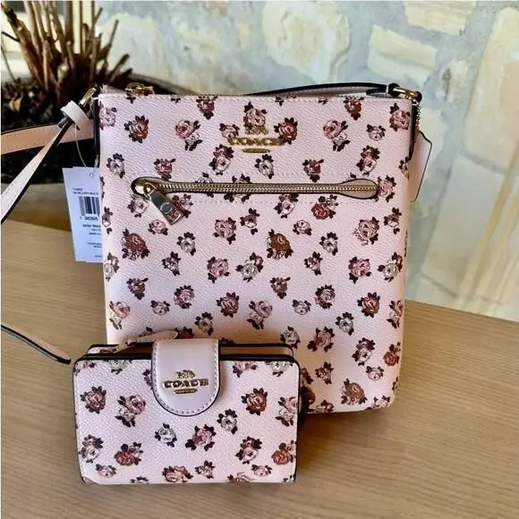 Mini Rowan File Rose Print Crossbody Bag/corner Zip Wallet Blush Multi Bundle 2 Pcs by Coach