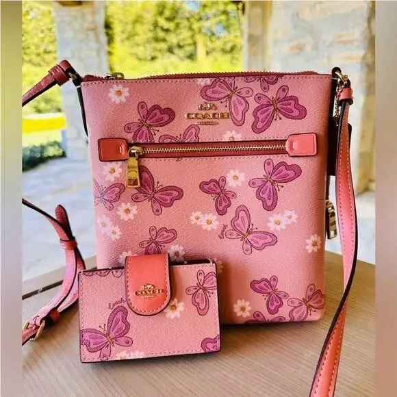 Mini Rowan File Bag Floral Butterfly Print+card Case Wallet Shell Pink Bundle 2Pcs by Coach