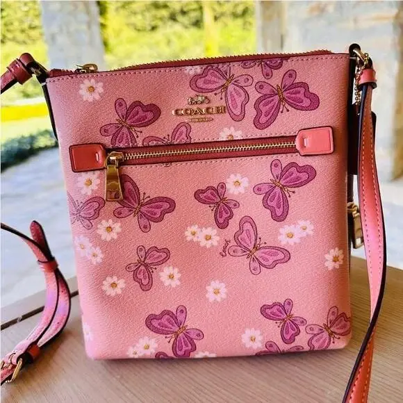 Mini Rowan File Bag Floral Butterfly Print+card Case Wallet Shell Pink by Coach