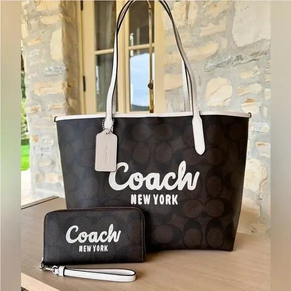 Graphic City Tote Signature Logo Shoulder Bag/ Wallet Option Walnut Bundle 2pcs by Coach