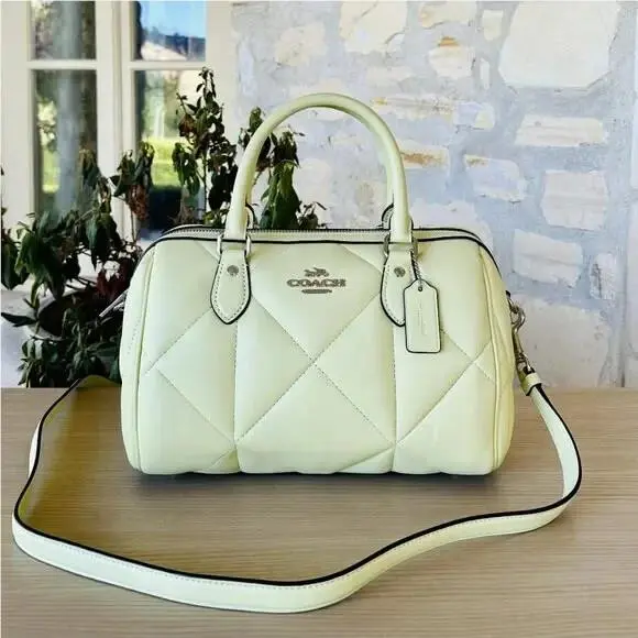 Rowan Satchel Med with Puffy Diamond Quilting Handbag + Wallet Pale Lime by Coach