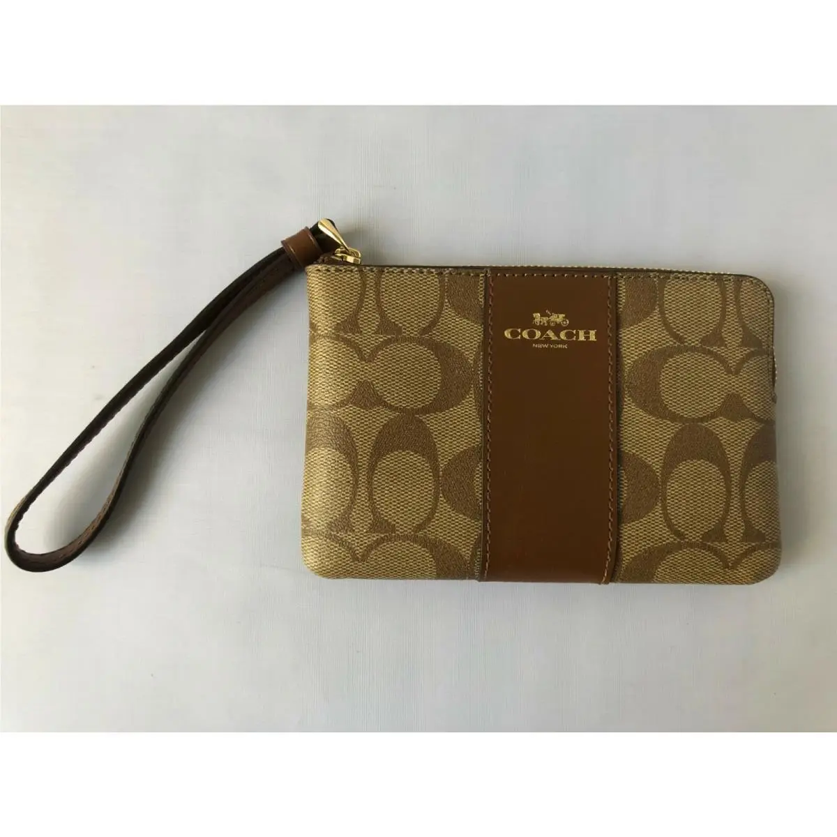 F58035 Corner Zip Wristlet Wallet Gift Box Khaki/Saddle 2 by Coach