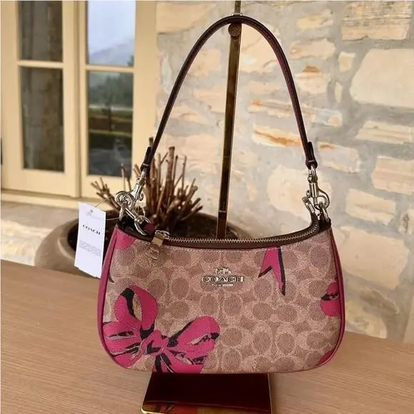 Teri Shoulder Bag Crossbody Basket Straw Bow Print Pink/hawaiian by Coach
