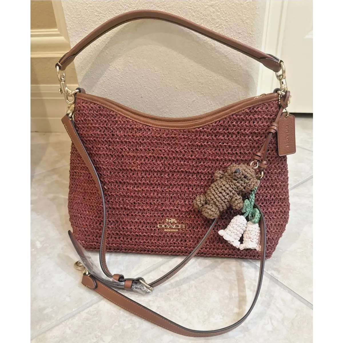 Laurel Shoulder Bag Crossbody with Charms In Straw/gold/russet CES23 by Coach